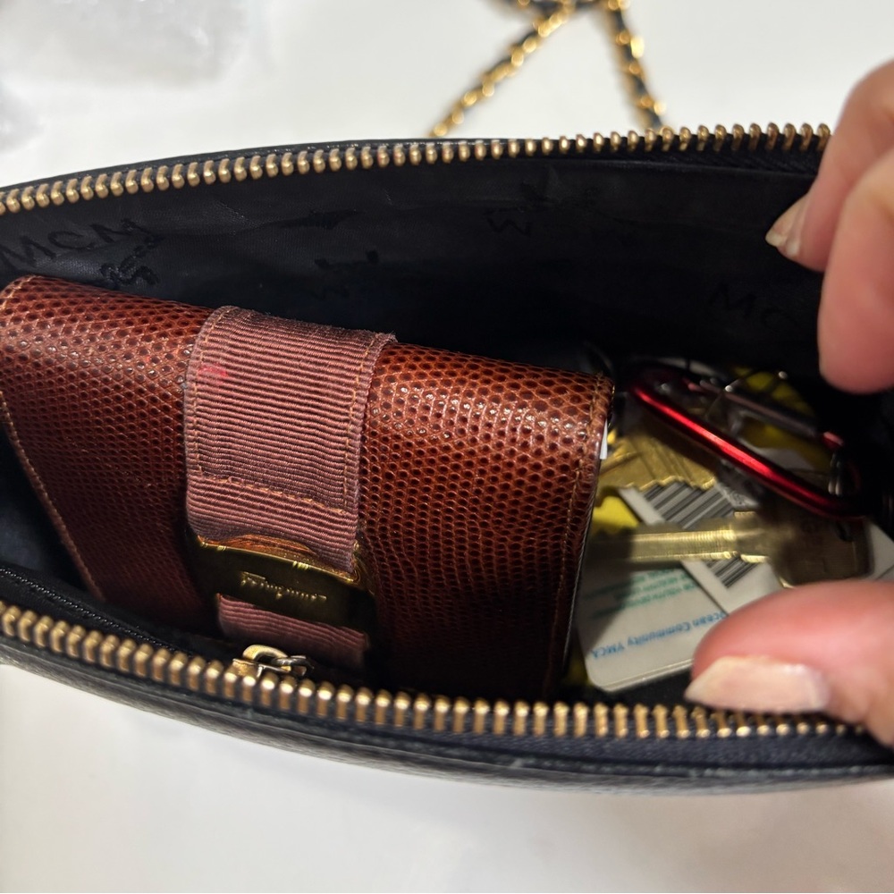 MCM Vintage Black Pebbled Leather Chain Crossbody Bag Gold Hardware - Picture 3 of 13